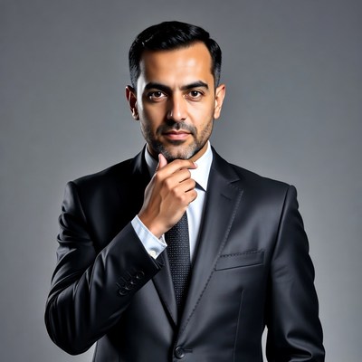 Man in a suit poses confidently in studio