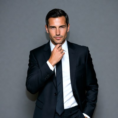 Man in suit poses with hand on chin