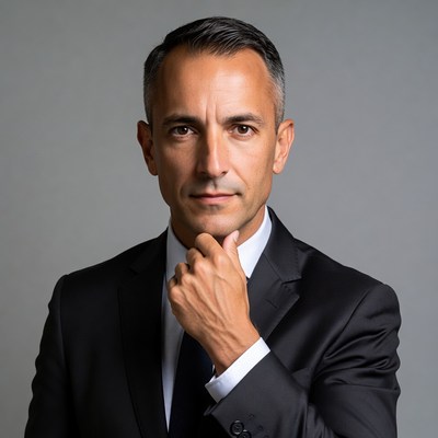 Businessman in black suit posing