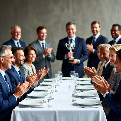 Business team celebrates success at event