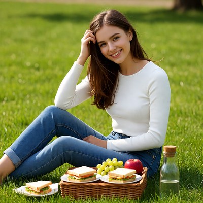 Young woman enjoying lunch outdoors