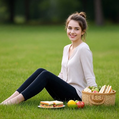 Young woman enjoying picnic on grass