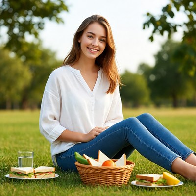 Young woman enjoys picnic on grass