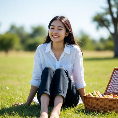 Young woman enjoys picnic in park