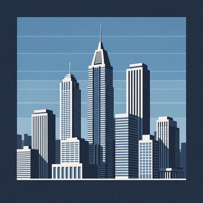 City skyline at dusk with tall buildings