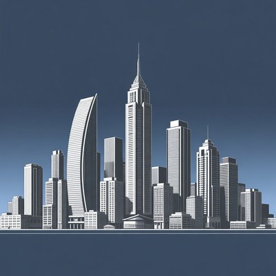 City skyline with tall buildings at night