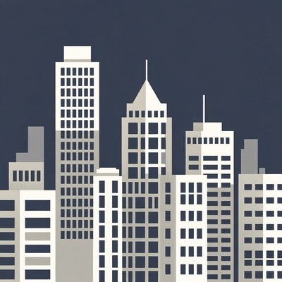 City skyline with tall buildings at night