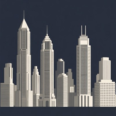 City skyline at night with tall buildings