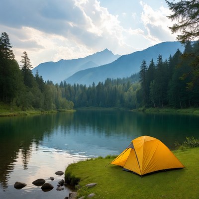 Yellow tent by the lake