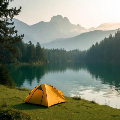Camping by the lake in mountains