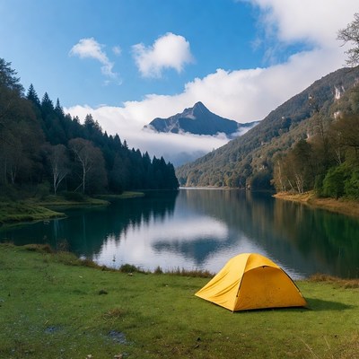 Camping by the lake in the mountains