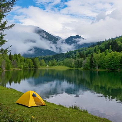 Camping by a lake in the mountains