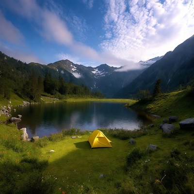 Bright yellow tent by the lake