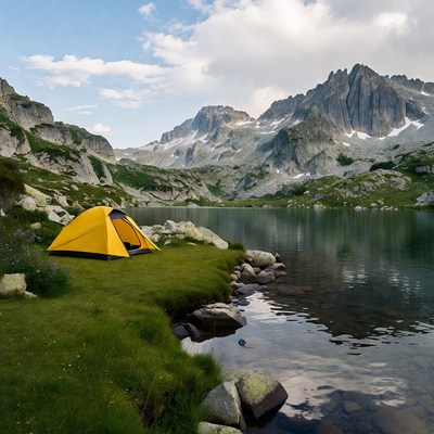 Mountain campsite near lake