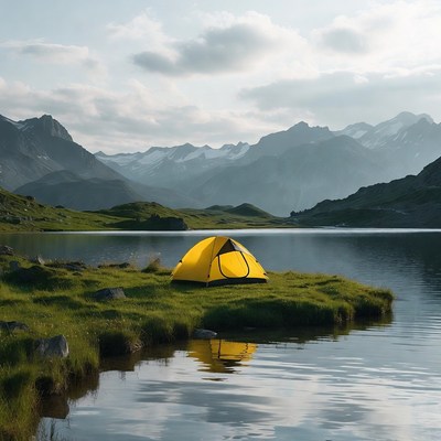 Camping by mountain lake in summer