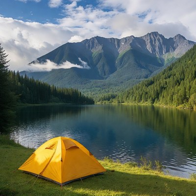 Camping by mountain lake in summer