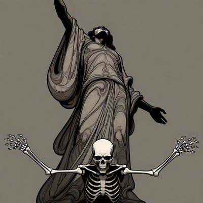 Skeleton in front of statue with arms raised