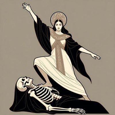 Woman stands over skeleton in artwork