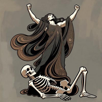 Woman stands triumphant over skeleton