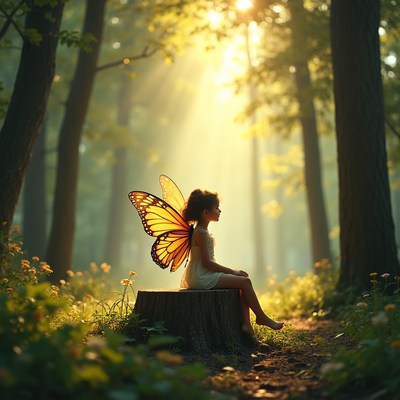 Child with butterfly wings in forest