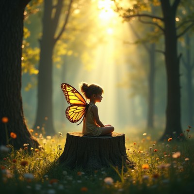 Child with butterfly wings in forest