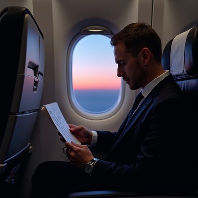 Businessman reading on flight