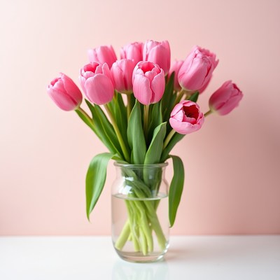 Pink tulips in a glass vase on a table