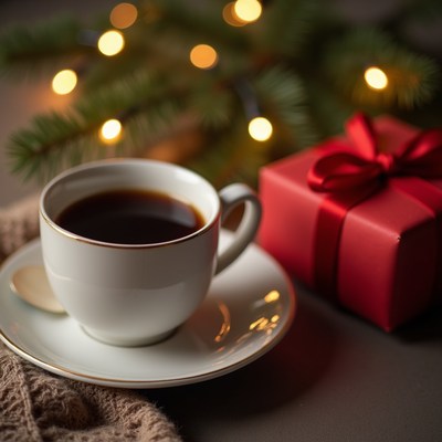 Coffee and gift by the tree
