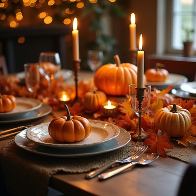 Pumpkin decor for autumn dinner setting