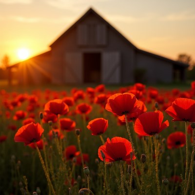 Poppies bloom near the barn at sunset
