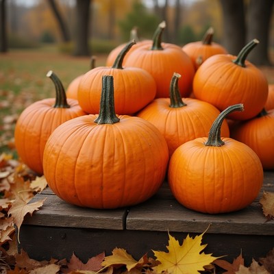 Pumpkins stacked on wooden table in autumn