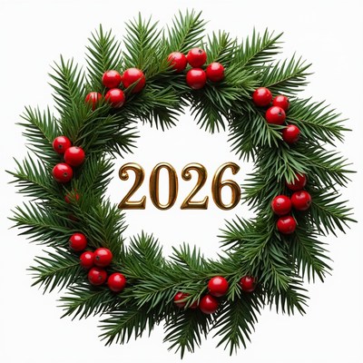 Decorative wreath with berries and year