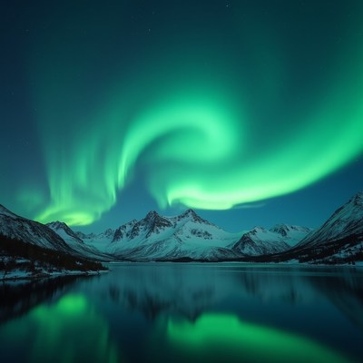 Northern lights over snowy mountains