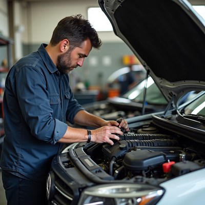 Man works on car engine in garage