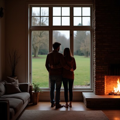 Couple standing near fireplace in warm room