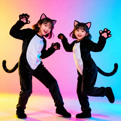 Kids in cat costumes dancing together