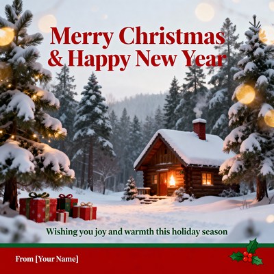 Cozy cabin in snowy forest scene