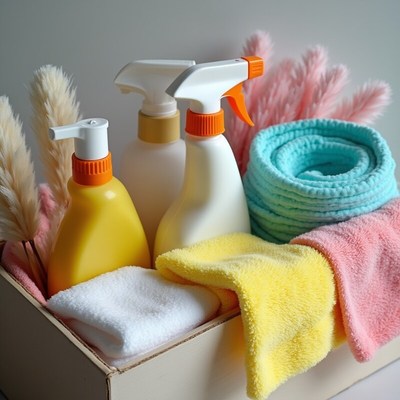 Cleaning supplies in a storage box