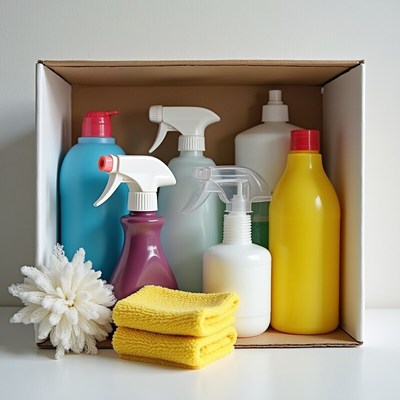 Cleaning supplies in a box