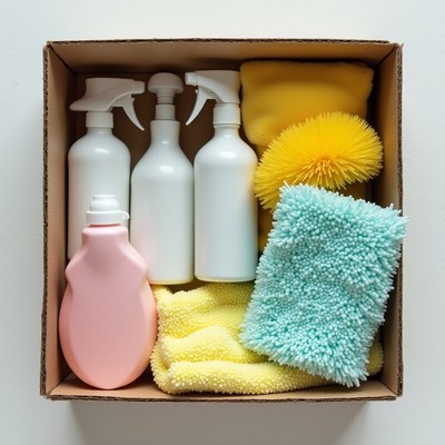 Cleaning supplies in a cardboard box
