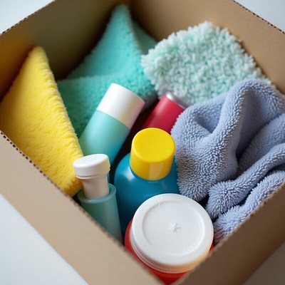 Cleaning supplies in a cardboard box