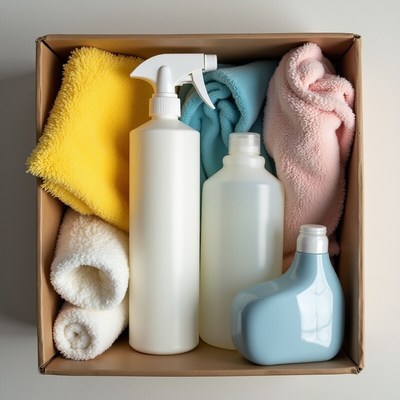Cleaning supplies in a box for home care