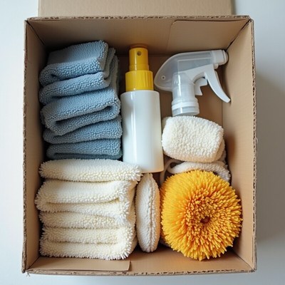 Cleaning supplies in a box for home use