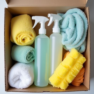 Cleaning supplies ready for use during the day