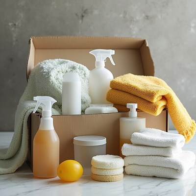 Cleaning supplies in a box with towels