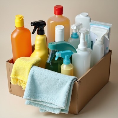 Household cleaning supplies in a box