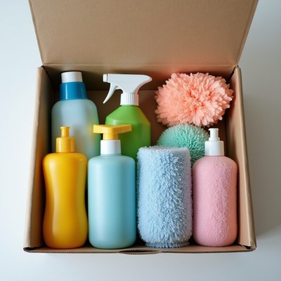 Cleaning supplies in a cardboard box