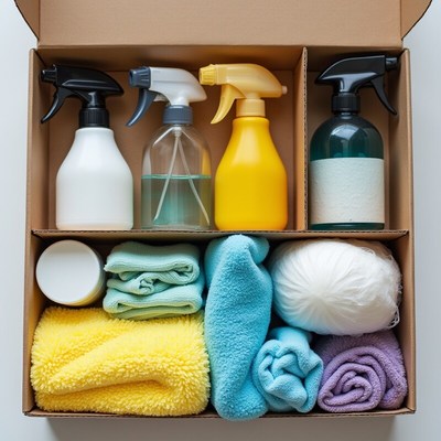 Cleaning supplies in a box for home use