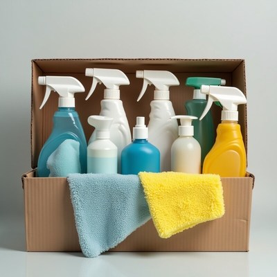 Cleaning supplies in a cardboard box