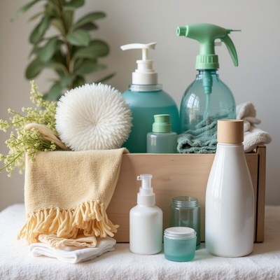 Bathroom cleaning products in a wooden box